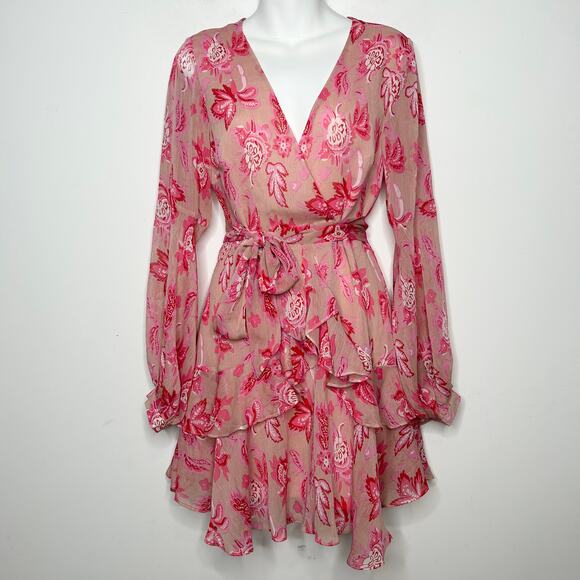 SAINTS + SECRETS Pink Floral Dress Womens Medium Feminine Ruffle Valentines Date - Picture 1 of 9